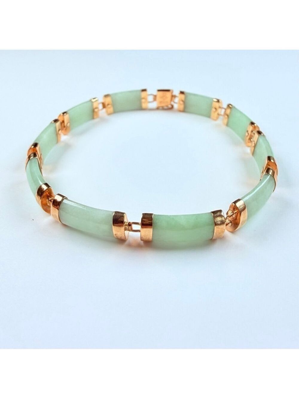 10K Solid Yellow Gold Chinese Jade Jadeite Bar Link Panel VTG Bracelet 7.25MM